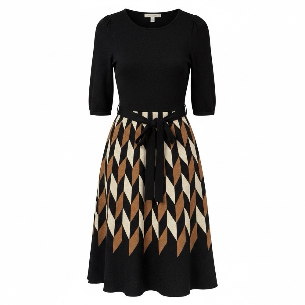 Julian Taylor Womens Sweater Knit Dress Black Tan Geometric Short Sleeve Medium